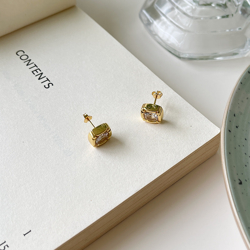 Cushion Set Gemstone Stud Earrings In Gold