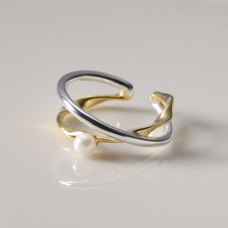 Duet Bypass Pearl Open Ring In Gold And Silver