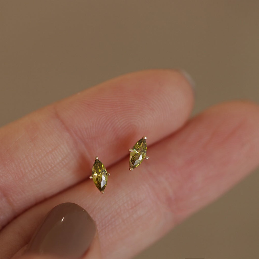 Olive Green Marquise Stud Earrings in Gold