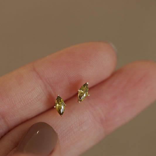 Olive Green Marquise Stud Earrings in Gold