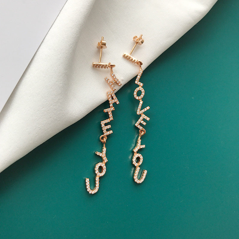 I Love You I Hate You Letter Drop Earrings In Champagne Gold