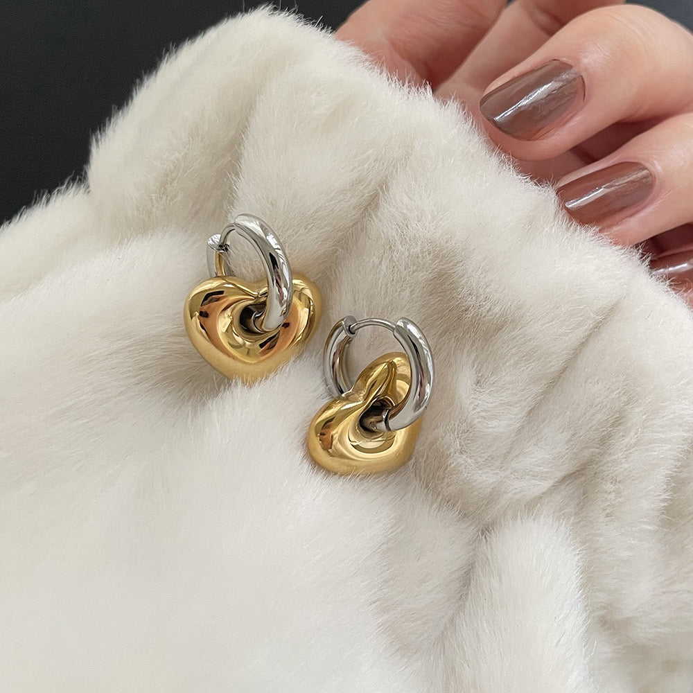 Two Tone Heart Hoop Earrings In Gold And Silver