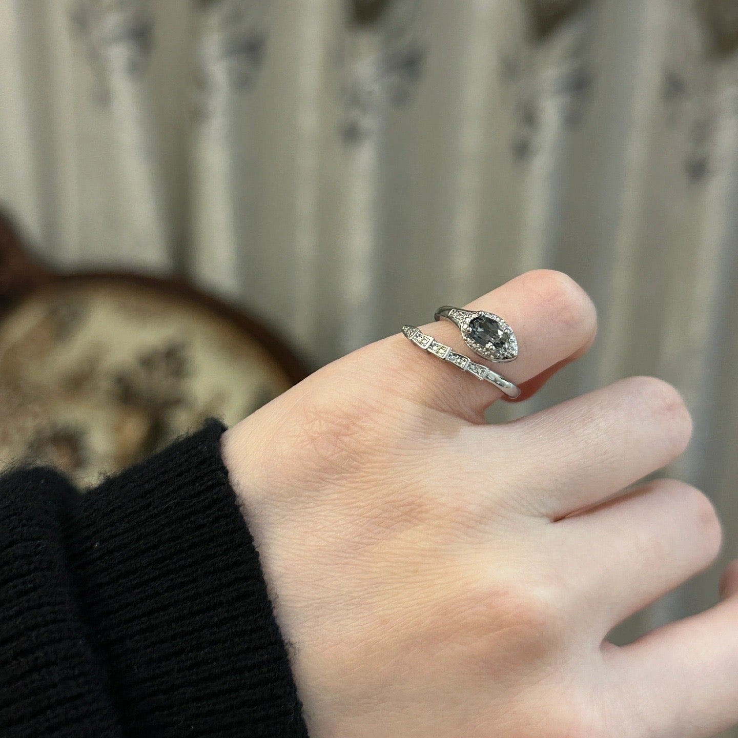 Snake Pave Diamond Grey Stone Coil Open Ring In Silver