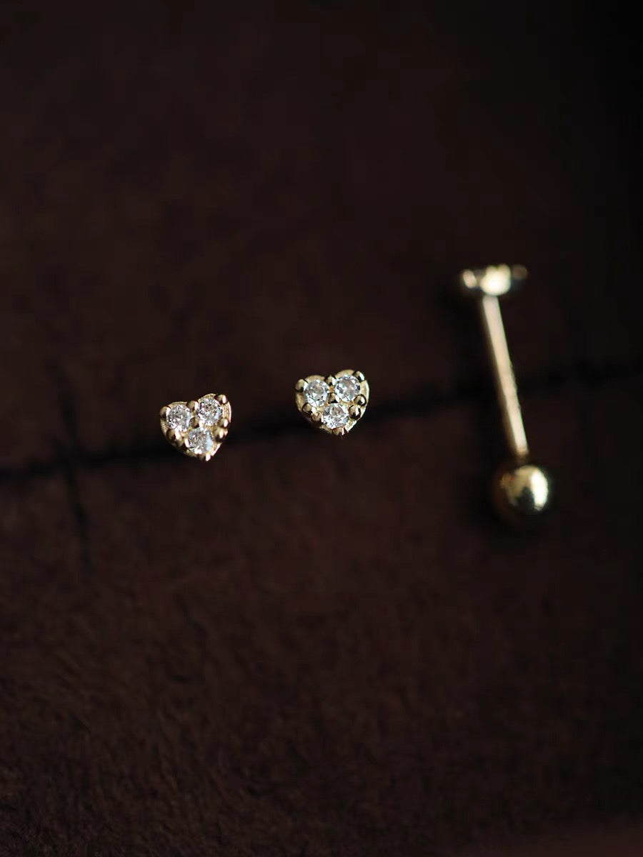 Heart Pave Topaz Stud Barbell Earrings In 9k Solid Gold