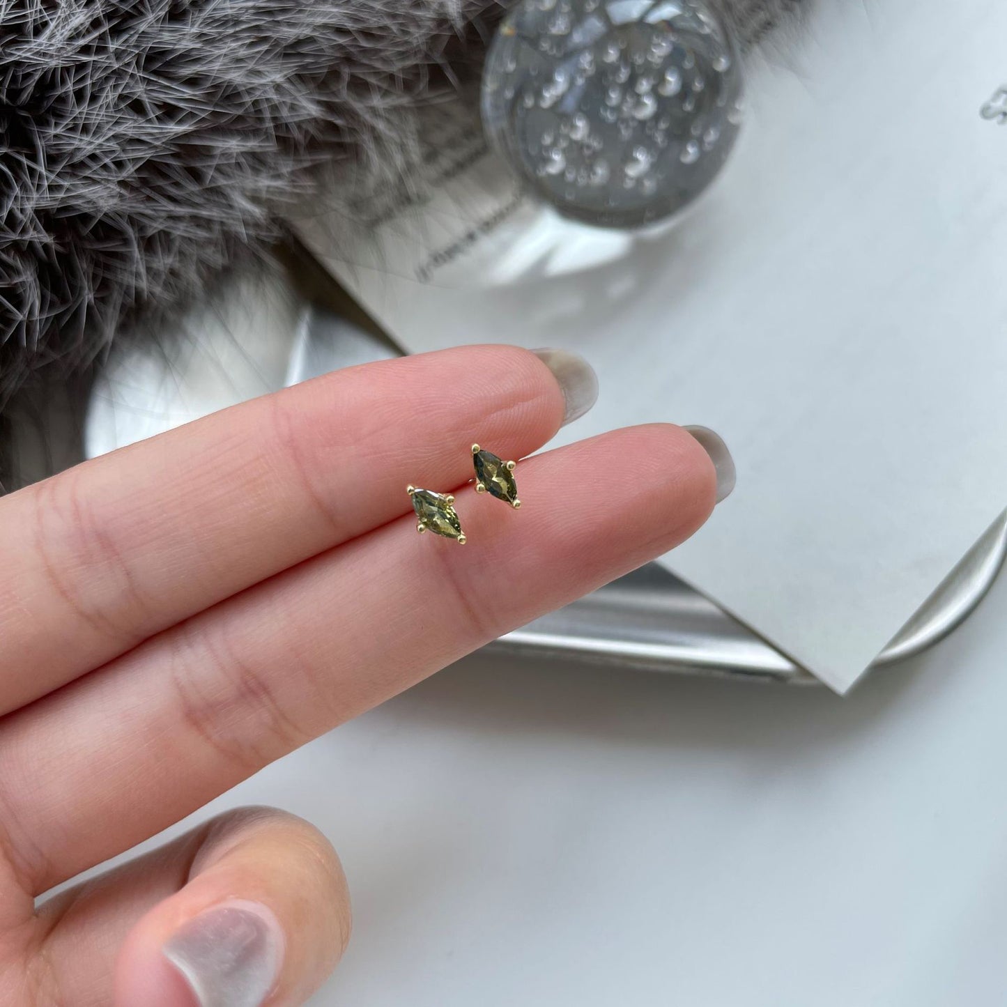 Olive Green Marquise Stud Earrings in Gold