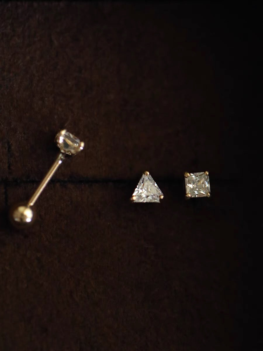 Triangle Square Topaz Stud Barbell Earrings in 9k Solid Gold