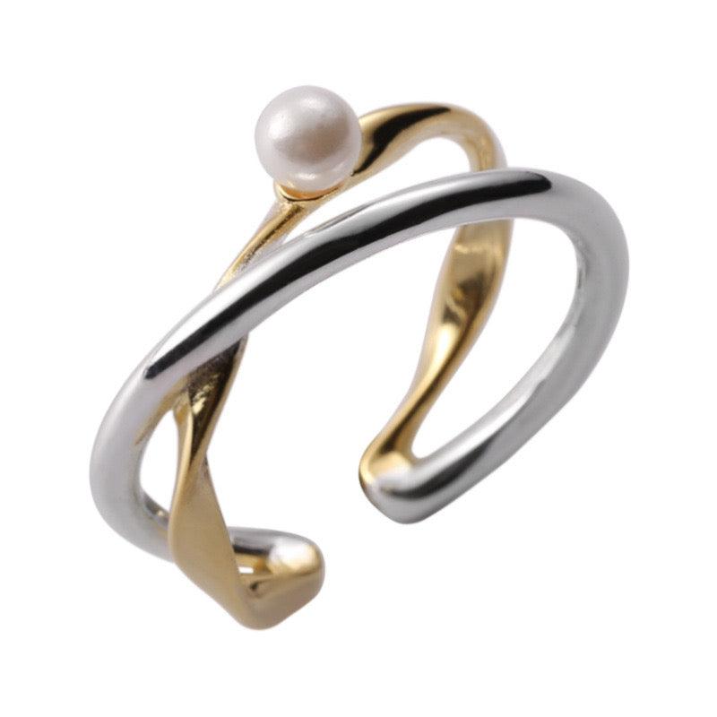 Duet Bypass Pearl Open Ring In Gold And Silver