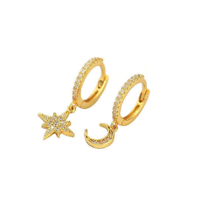 Mondayfree Jewelry moon and star pendant hoop earrings huggies in gold